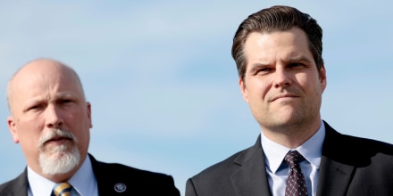 WASHINGTON, DC - MARCH 08: Rep. Matt Gaetz (R-FL) and Rep. Chip Roy (R-TX) listen at a press conference, alongside members of the Second Amendment Caucus, outside the U.S. Capitol Building on March 08, 2022 in Washington, DC. The caucus held the news conference to talk about their support for Rep. Michael Cloud’s (R-TX) gun rights legislation, the “No REGISTRY Rights Act” which if passed would make it illegal to track gun ownership.