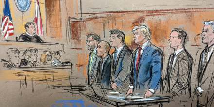 Courtroom sketch of former President Donald Trump with his lawyers and former aide Walt Nauta at their arraignment in federal court in Miami on June 13, 2023.