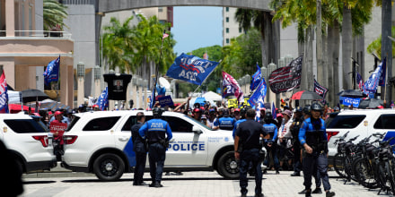 Trump supporters rally outside the courthouse on June 13, 2023, in Miami after former President Donald Trump arrived at the federal court.