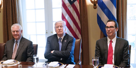 From left, Gary Cohn, H.R. McMaster, Wilbur Ross, Rex Tillerson, Donald Trump and Steve Mnuchin in the Cabinet Room