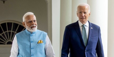 Image: President Joe Biden and India's Prime Minister Narendra Modi walk along the Colonnade to the Oval Office after a State Arrival Ceremony on the South Lawn of the White House on June 22, 2023.