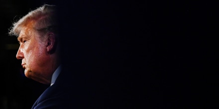 Former U.S. President Donald Trump listens during a presidential debate on September 29, 2020 in Cleveland, Ohio on Sept. 29, 2020 . 