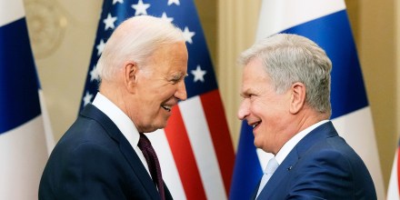 Finland's President Sauli Niinisto, and President Joe Biden after their press conference in Helsinki today.