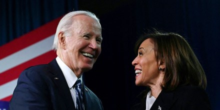 Joe Biden and Kamala Harris at the Democratic National Committee Winter meeting in Philadelphia,  on Feb. 3, 2023. 