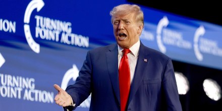 WEST PALM BEACH, FLORIDA - JULY 15: Former US President Donald Trump arrives on stage to speak at the Turning Point Action conference as he continues his 2024 presidential campaign on July 15, 2023 in West Palm Beach, Florida. Trump spoke at the event held in the Palm Beach County Convention Center.