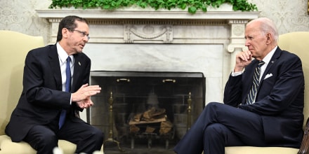 Image: President Joe Biden meets with Israeli President Isaac Herzog in the Oval Office of the White House on July 18, 2023. 