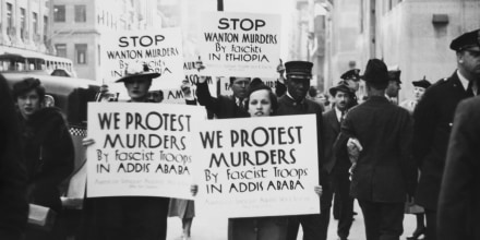 Members of the American League Against War and Fascism picket the Italian Consulate