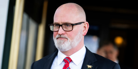 Rep. Derrick Van Orden, R-Wisc., leaves a meeting of the House Republican Conference at the Capitol Hill Club on Feb. 28, 2023. 