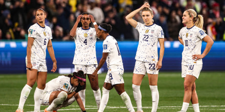 Image: United States' players react after losing their Women's World Cup round of 16 soccer match against Sweden in a penalty shootout in Melbourne, Australia, on Aug. 6, 2023.