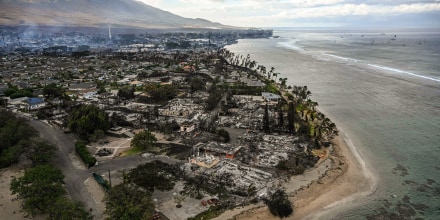 Image: Destroyed homes and buildings on the waterfront burned to the ground in Lahaina in the aftermath of wildfires in western Maui, Hawaii on Aug. 10, 2023.