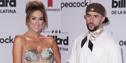 Jacky Bracamontes y Bad Bunny en la alfombra azul de los Premios Billboard 2023