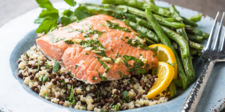 Wild caught fresh salmon with green beans over rice and lentils