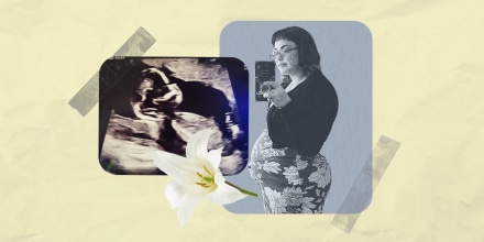 collage of Kaitlyn Abdou with ultrasound and flower on light yellow