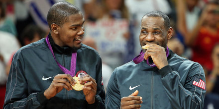 Kevin Durant and LeBron James  at gold medal ceremony at 2012 Summer Olympics in London.