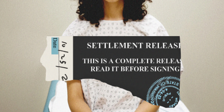 Photo illustration of hospital patient with "Settlement Release" text overlaying the image 