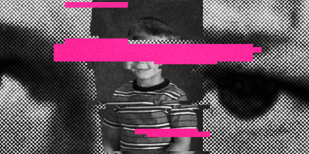 Child's school portrait is glitched with pink rectangles abstracting the subject to represent AI, along with a closeup pair of eyes peering in the background.