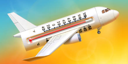 A photo illustration of a commercial airplane made out of a thermometer. The temperature reads just below 120 degrees farenheit.