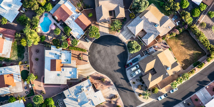 Aerial view looking directly down on a group of houses