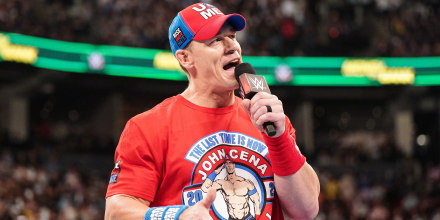John Cena makes his way to the ring during Money in the Bank at Scotiabank Arena on July 6, 2024 in Toronto, Ontario.