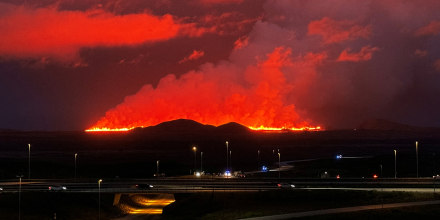 A volcano erupts, near Vogar