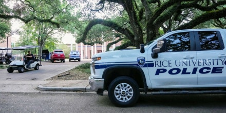 A Rice University Police vehicle sits parked at Jones College