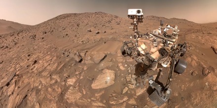 NASA’s Perseverance Mars rover took this selfie, made up of 62 individual images, on July 23. A rock nicknamed “Cheyava Falls,” which has features that may bear on the question of whether the Red Planet was long ago home to microscopic life, is to the left of the rover near the center of the image.