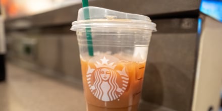 Close-up of a Starbucks iced coffee drink with logo visible on a counter, Truckee, California, February 16, 2024.