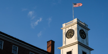 Amherst College Johnson Chapel tower on a sunny day.