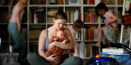 Capturing Emotions: Tired Mother's Desperation with Baby in Arms, Unfocused Kids, and Household Chaos in the Living Room