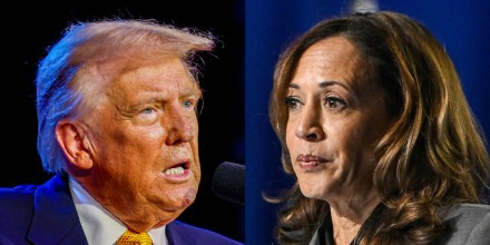 A split composite of Donald Trump and Kamala Harris.