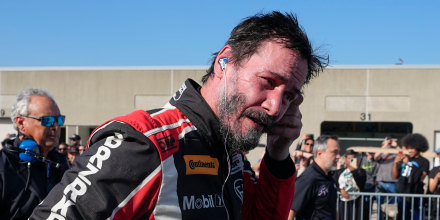 Keanu Reeves drives during the GR Cup Series auto race at Indianapolis Motor Speedway, Saturday, Oct. 5, 2024, in Indianapolis. (AP Photo/Darron Cummings)