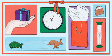 Illustration of a series of rectangles with different drawings in them. One, a hand holding a gift box; another, a clock; another, of a tortoise and a hare; another, of a gift bag; another of an envelope open with a letter inside; and the last, of an hourglass timer. A red bow outlines the entire illustration.