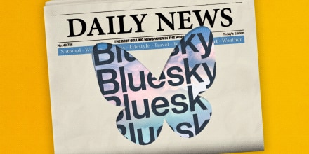 Photo Illustration: The front page of a newspaper with the outline of the Bluesky logo (a butterfly) cut out