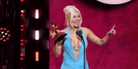 Karol G accepts the best urban music album award for "Mañana Será Bonito (Bichota Season)" at the 2024 Latin Grammys.