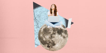 collage of woman on moon with horoscope map in background