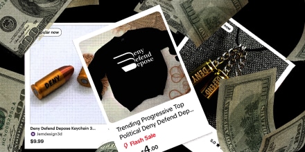 Photo illustration of Etsy screenshots advertising "merch" related to the United HealthCare shooter 