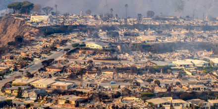 Burned homes seen from above.
