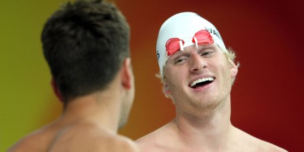 David Walters of the United States laughs during the practice session ahead of the Beijing 2008 Olympics at the National Aquatics Center on August 7, 2008 in Beijing, China.  