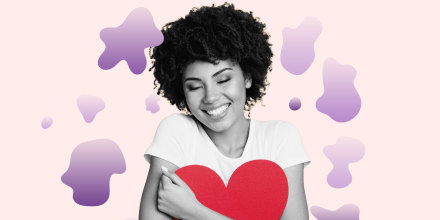 collage of woman holding heart and smiling surrounded by purple organic shapes 