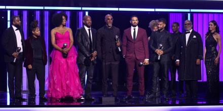 Craig Wayans, Chaunté Wayans, Kim Wayans, Marlon Wayans, Damon Wayans, Damon Wayans Jr., and Damien Dante Wayans accept the NAACP Awards Hall of Fame award.