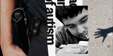 Photo collage of Victor Perez, a close-up image of a police officer's uniform, image of a shadow of a hand; a slip of paper reads "of autism" 