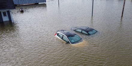 An aerial view of severe flooding in Frankfort, Kentucky, caused by days of heavy rainfall across the Midwest on April 7, 2025.       