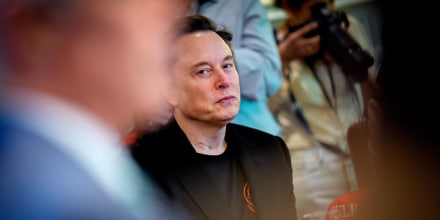 Elon Musk looks on during a Cabinet meeting at the White House on April 30, 2025.