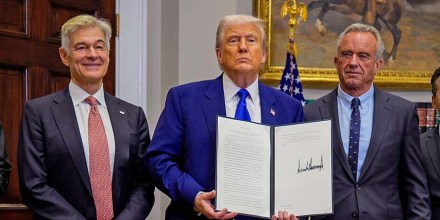 From left, National Institutes of Health Director Jay Bhattacharya, Administrator for the Centers for Medicare & Medicaid Services Mehmet Oz, President Donald Trump, Health and Human Services Secretary Robert F. Kennedy Jr., and Food and Drug Administration Commissioner Martin Makary after Trump signed an executive order aimed at reducing the cost of prescription drugs and pharmaceuticals at the White House on May 12, 2025.