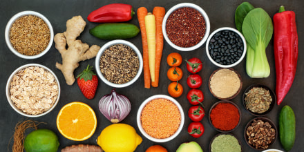 Fruit, vegetables, herbs, spices, grains, seeds, cereals.