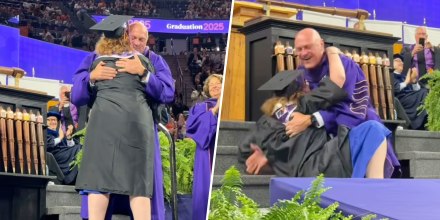 Clemson University president gets (lovingly) knocked to the ground by his daughter during graduation