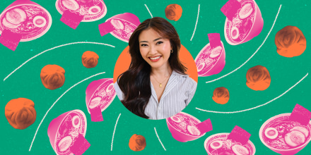 Kristin Teig with ramen and dumplings around her