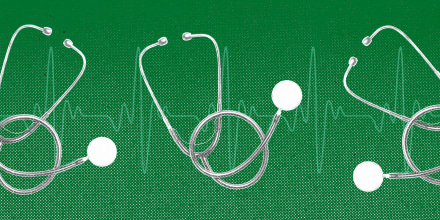 Several stethoscopes against an EKG line, on a green background.