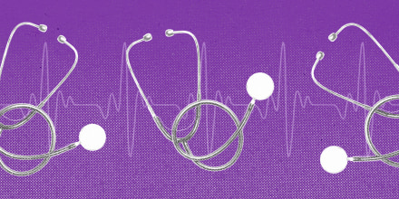 Several stethoscopes against an EKG line, on a purple background.