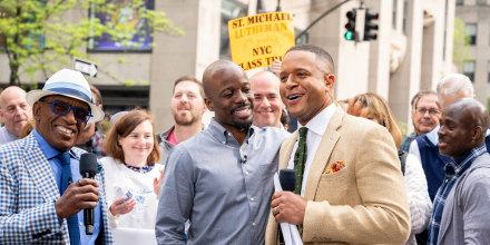 Craig Melvin surprised by friend Leroy Doby on the TODAY plaza!